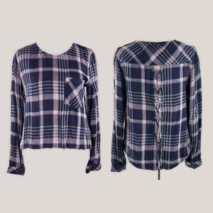 CLOTH & STONE Purple & Black Plaid Top Blouse | Tie up Lace Up Corset Back